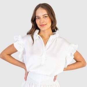 Koch Blouse Palm Ruffle Button Down in White Metallic